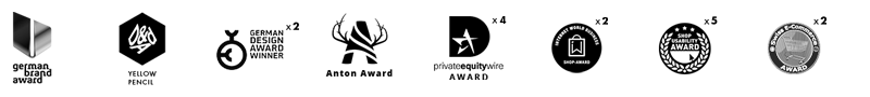 Awards including German Brand Award Gold, D&AD Yellow Pencil, Red Dot, and more