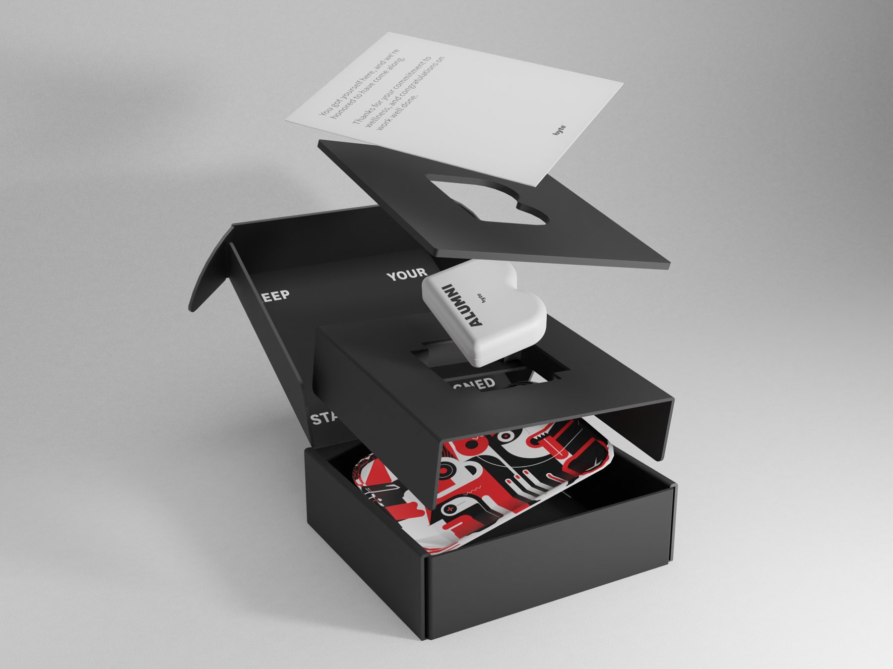 byte oral-care products lined up on marble — tongue scraper, floss, and rinse bottles